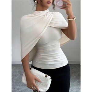 Ruched Mock Neck Shawl Half Sleeve Top